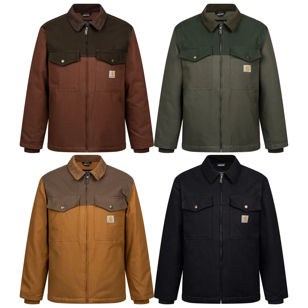 165 Carhartt Carhartt counter Same Style 106432 cotton jacket original 1:1 version Weight: 12 ounces Material: 99% cotton/1% spandex Canvas Details: corduroy trim collar quilted nylon lining, easy to put on and take off, insulated and warm, using Rugged Flex® elastic technology allows for easy movement. Loose fit. Front handwarmer pockets. Double pleats on the back to provide extra stretch at the shoulders. Internal ribbed windproof cuffs to help protect against cold weather. Adjustable hem for added coverage. Two front lower pockets. Two interior pockets; one with hook and loop closure, the other with a secure zipper. Style number: 106432#. Color: Olive Green. Black. Yellow. Dark Brown. Size: S-XL